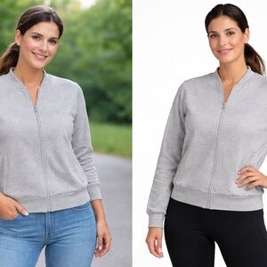 Grey Textured Full Zip Dressy Sweatshirt Size L